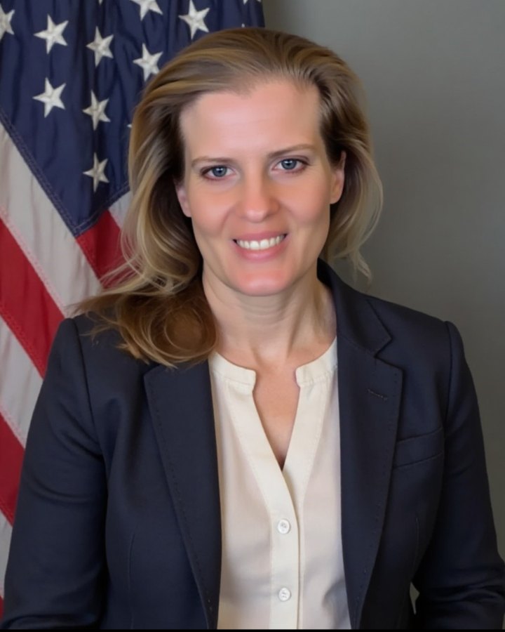 Christy DeWitte, Treasurer of Veterans Resource Alliance, in a navy blazer with a U.S. flag behind her