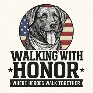 Walking With Honor logo — a service dog with an American flag, tagline "Where heroes walk together"